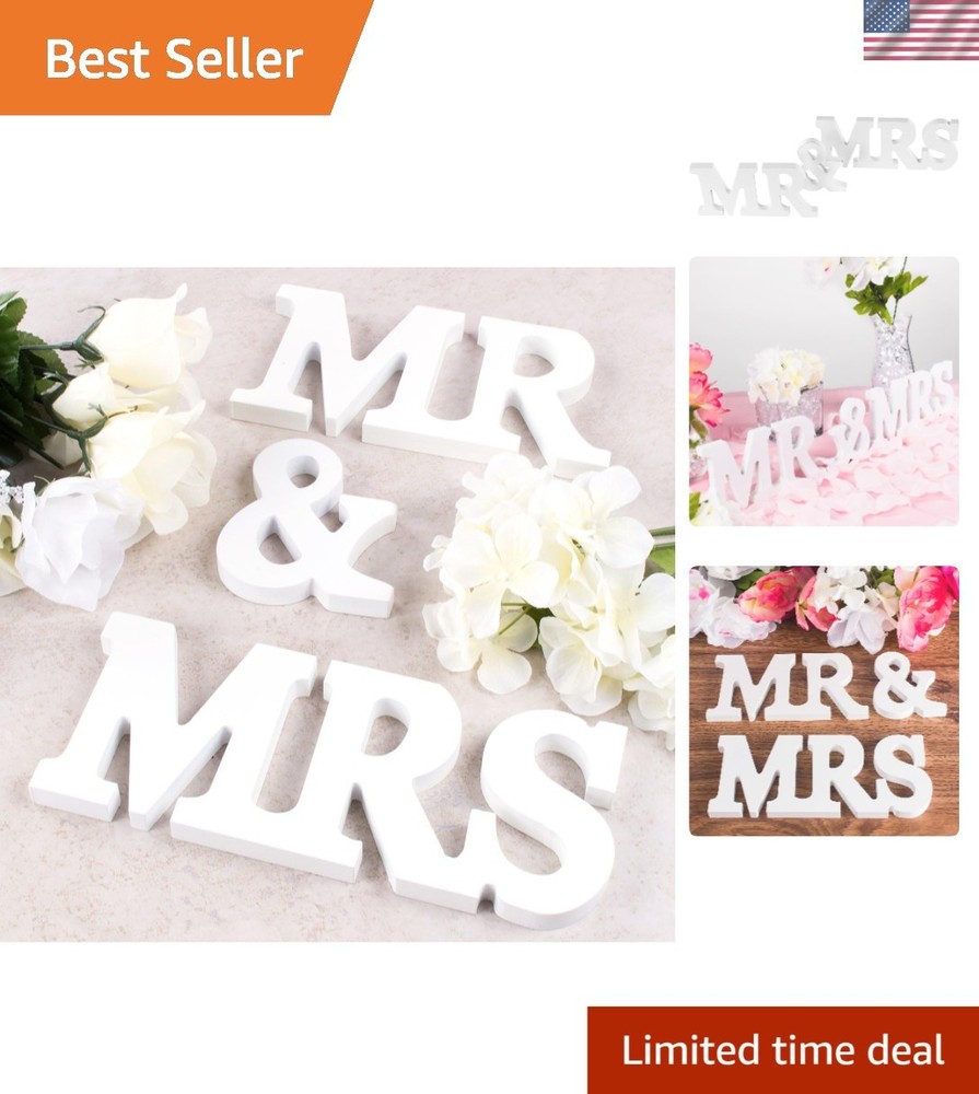 Chic White Wooden Mr & Mrs Tabletop Signs for Romantic Occasions – 3 Count