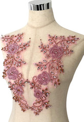 Light Pink Beaded Rose Flowers &Leaves Rhinestone Pair Applique for Prom Dress B