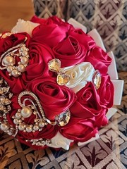 Bridal bouquet of Heart Rhinestones Red & White Roses satin flower