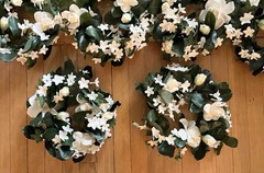 Stephanotis & White Rose Candle Rings, Dk Green Leaves-10″Dia . Set Of 14