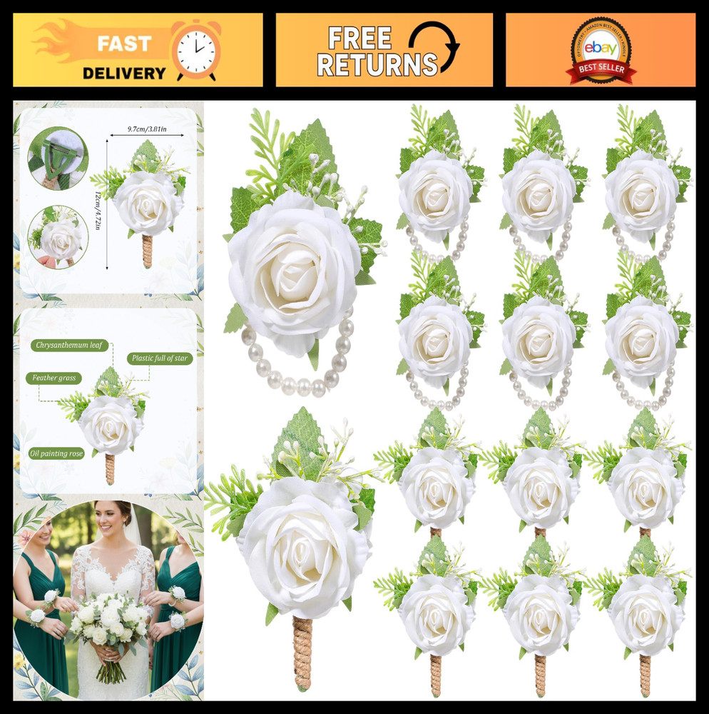 12 Pcs Artificial Rose Boutonniere Set for Men – Wedding, Prom, Formal Events
