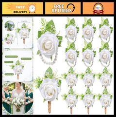 12 Pcs Artificial Rose Boutonniere Set for Men – Wedding, Prom, Formal Events