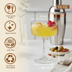 Plastic Martini Glasses 10oz, Detachable Ribbed Coupe Glasses 24 Transparent