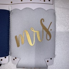 Mr. & Mrs. Koozies Wedding NEW Navy White, Gold Script – With Pocket!