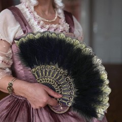 2 Pieces Feather Hand Fan Embroidered Flower Marabou 1920s Black