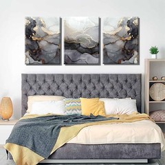 3Pcs Framed Modern Abstract Black and Gold Canvas Wall Art Fluid Lines Marble…