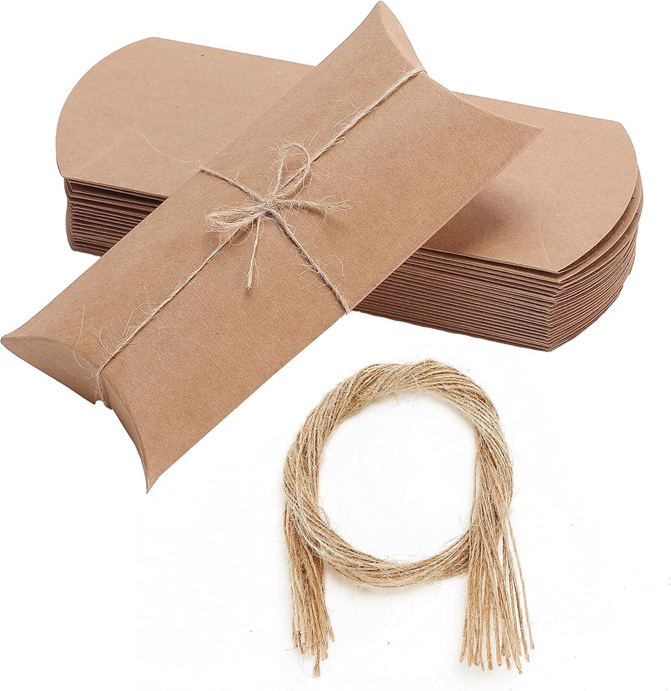 – Kraft Pillow Boxes, 6.3X3.4X1.3 In, 25 Pack with Jute Twines, Kraft Gift Boxes
