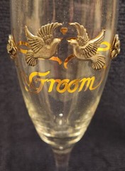 Rawcliffe Bride & Groom Champagne Flutes Pewter Doves Flowers Ribbons Gold