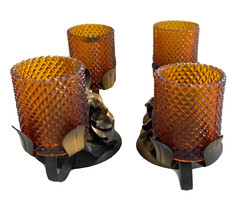 Pair 1970’s 2 Votive Candle Holders Amber Glass with Wrought Iron/Steel Roses