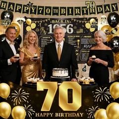 70th Birthday Decorations for Men – Black Gold Party Supplies Set