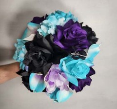 Purple Tuquoise Black Rose Calla Lily Bridal Wedding Bouquet Accessories