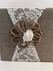 Rustic Burlap Linen & Lace Wedding Guest Book, Brown/White, Twine Flower