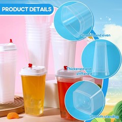 100 Pcs Square Plastic Cup with Lids and Straws 16 oz Clear Disposable Cold