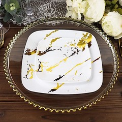10 WHITE GOLD Square Metallic Marble Plastic Salad DINNER PLATES Party Tableware