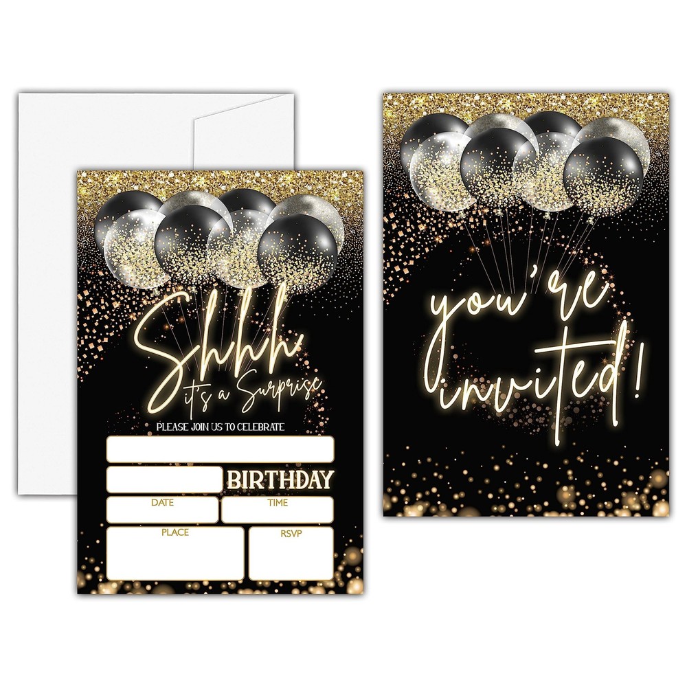 Shhh It’s a Surprise Birthday Invitations, Black Gold Balloon Birthday Party …