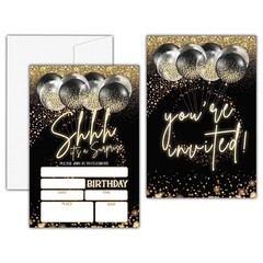 Shhh It’s a Surprise Birthday Invitations, Black Gold Balloon Birthday Party …