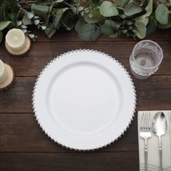 WHITE SILVER 10 Round 10″ Plastic Salad PLATES Beaded Rim Party Events