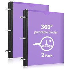 360° Pivotable 3 Ring Binder, Upgraded 1 inch Purple 2 PCS Customizable Cover