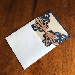 Dark Blue, Navy Laser Cut Flowers Gold Silk Tie Square Wedding Invitation Cards