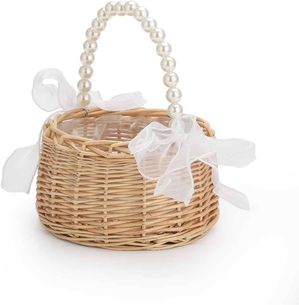 Wicker Rattan Flower Girl Basket with Pearl Handle, 6.5 * 7.8in Cute Wicker B…
