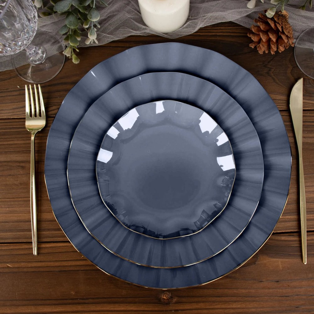 10 NAVY BLUE 6″ Round PLASTIC Salad Dinner PLATES Gold Wavy Rim Wedding Party
