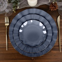 10 NAVY BLUE 6″ Round PLASTIC Salad Dinner PLATES Gold Wavy Rim Wedding Party