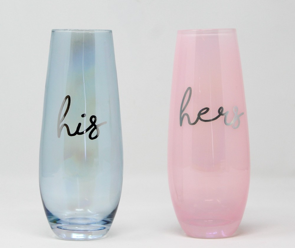 His and Hers Pink & Blue Stemless Champagne Wine Glasses for Wedding/Engagement