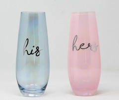 His and Hers Pink & Blue Stemless Champagne Wine Glasses for Wedding/Engagement