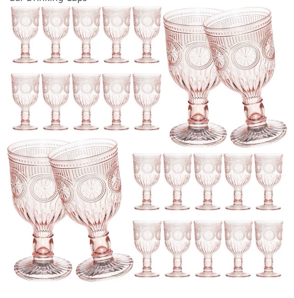Pink Pack 48 Plastic Reusable Wine Glasses 12 ounces, Vintage Embossed Goblets