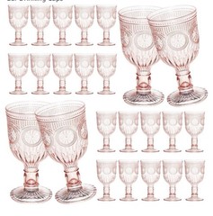 Pink Pack 48 Plastic Reusable Wine Glasses 12 ounces, Vintage Embossed Goblets