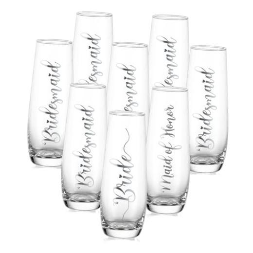 Champagne Glasses Bridal Bride x 1 + Maid of Honor x 1 + Birdesmaid x 6 Silver