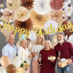 Boho Brown White Birthday Decorations – 62pcs Happy White Brown Champagne