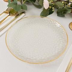 10 Round 9″ CLEAR Hammered Plastic Salad DINNER PLATES Glitter Gold Rim Party