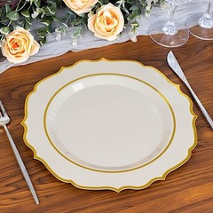 10.5″ Taupe Round Dinner Plates With Gold Scalloped Rim Wedding Tableware