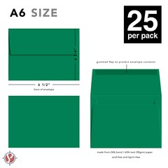 A6 Envelopes, 4 3/4″ x 6 1/2″, Green, Square Flap, 24w (90gsm), 25 Qty