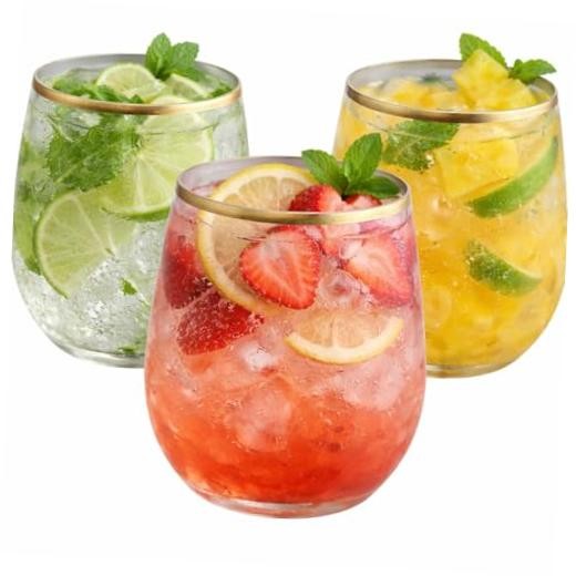 48 piece Stemless Unbreakable Crystal Clear Plastic Wine Glasses Set Gold Rim