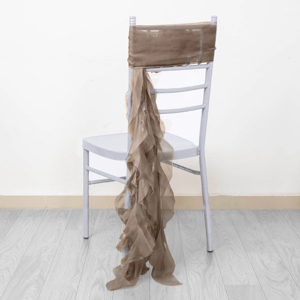 Taupe Premium Curly Chiffon CHAIRS Covers Cap SASHES Bows Ties Wedding Sale