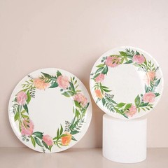 25 White 9″ Round Paper Plates with Flower Wreath Design Disposable Tableware
