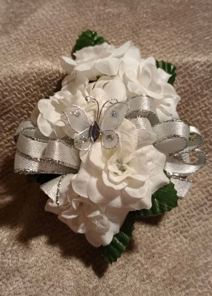 NEW 5″ Artificial White Rose Wrist Corsage W/White Butterfly Silver Bow, Bout