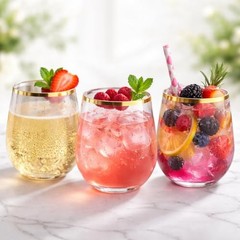 48 piece Stemless Unbreakable Crystal Clear Plastic Wine Glasses Set Gold Rim