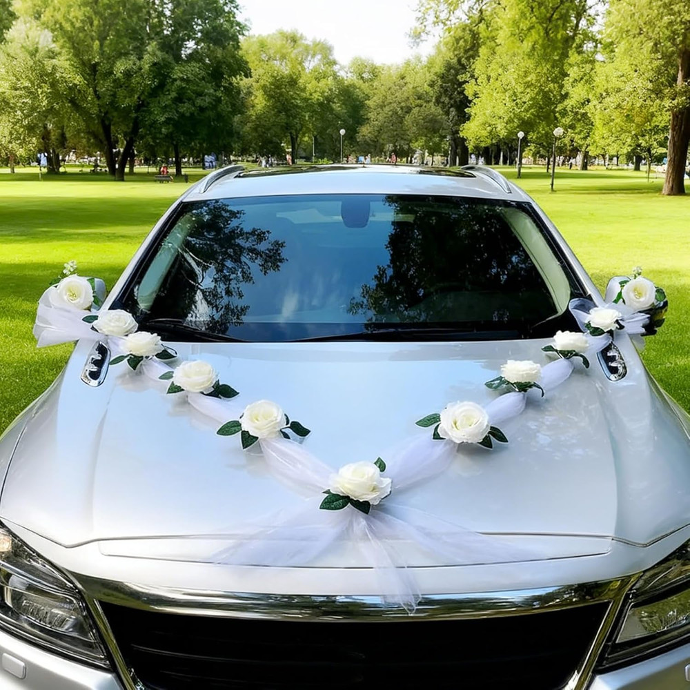 Elegant Wedding Car Decoration Kit with Floral Garland and Satin Bows