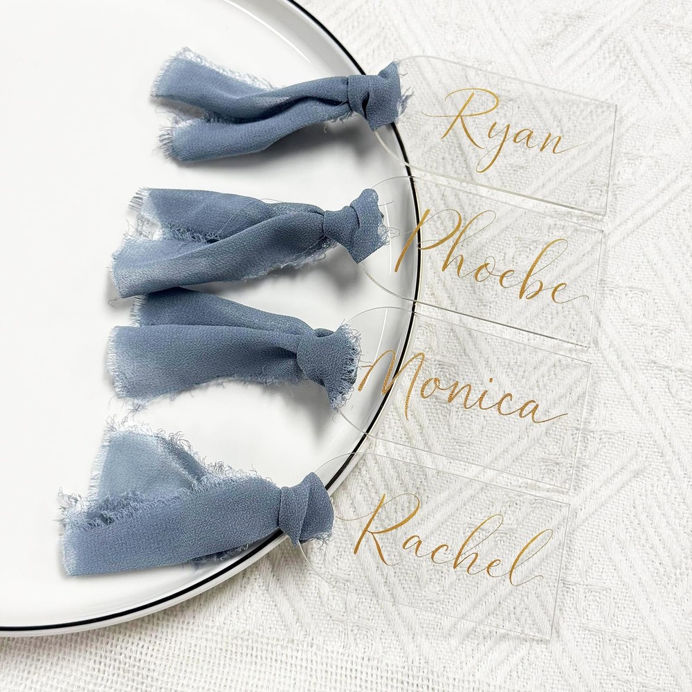 30 PCS Acrylic Place Card For Wedding Clear Transparent DIY Seating Blue Ribbon