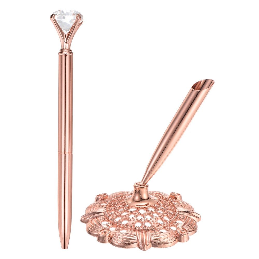 1 Pcs Hollow Round Pen Holder Signing Pen Set Big Crystal Diamond, Rose Gold