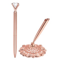1 Pcs Hollow Round Pen Holder Signing Pen Set Big Crystal Diamond, Rose Gold