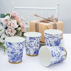 24 WHITE 9 oz Blue Floral Design Paper CUPS GOLD Rim Party Events Decorations