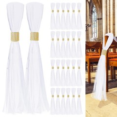 FEXICHUJI Large White Pew Bows Tulle Wedding Aisle Chair Gold Wrap