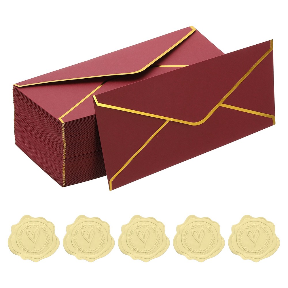 100Pcs Envelopes 4 1/8 x 9 1/2 inch with Gold Edge for V Flap Burgundy