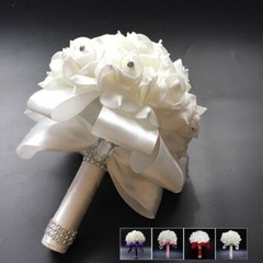 Bride Bouquet Artificial Flowers Wedding Bridal Holding White Ribbon Rhinestones