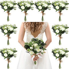 Set of 8 Bridesmaid Bouquets 7 Inch White Wedding Bouquets Faux Flowers Rustic F