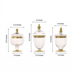 3 pcs CLEAR GOLD TRIM Glass Apothecary Jars Containers with Lids Wedding Favors